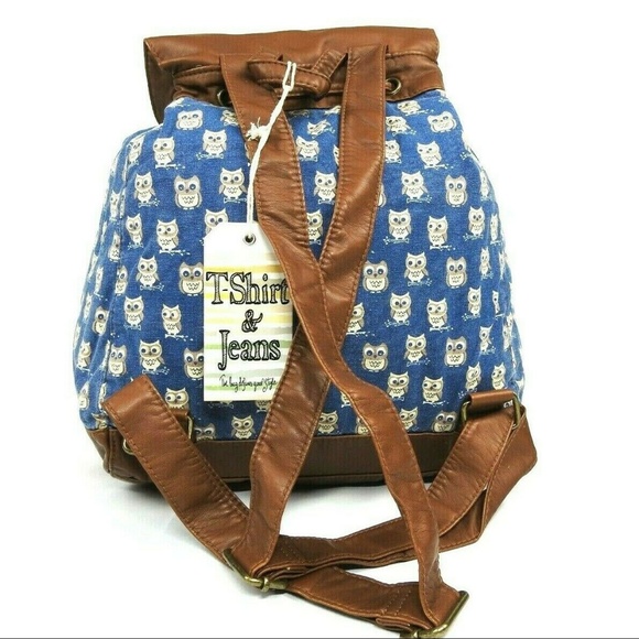 OWL Print Canvas Backpack Faux Leather Trim - Picture 3 of 8